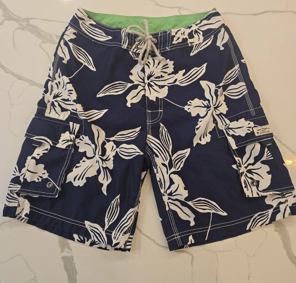 J. Crew Hawaiian Floral Board Shorts Navy White 9
